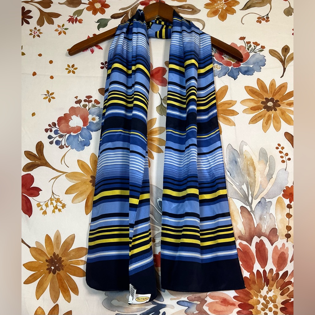 Y2k Talbots 100% Silk Blue Yellow Striped Preppy Classic Bag Fashion Scarf Light